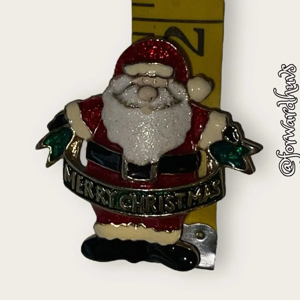 Vintage Santa Merry Christmas Metal & Enamel Brooch